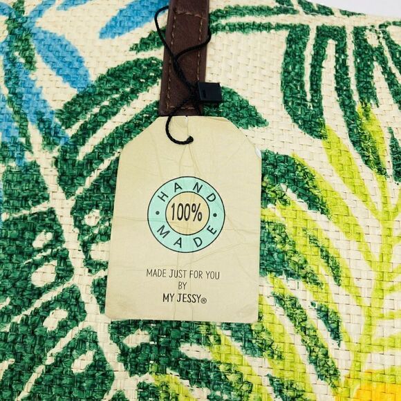 Shopper Purse Tote Eco‎ Bag 17"  Yellow & Green Tropical Paper Handmade - Picture 6 of 6